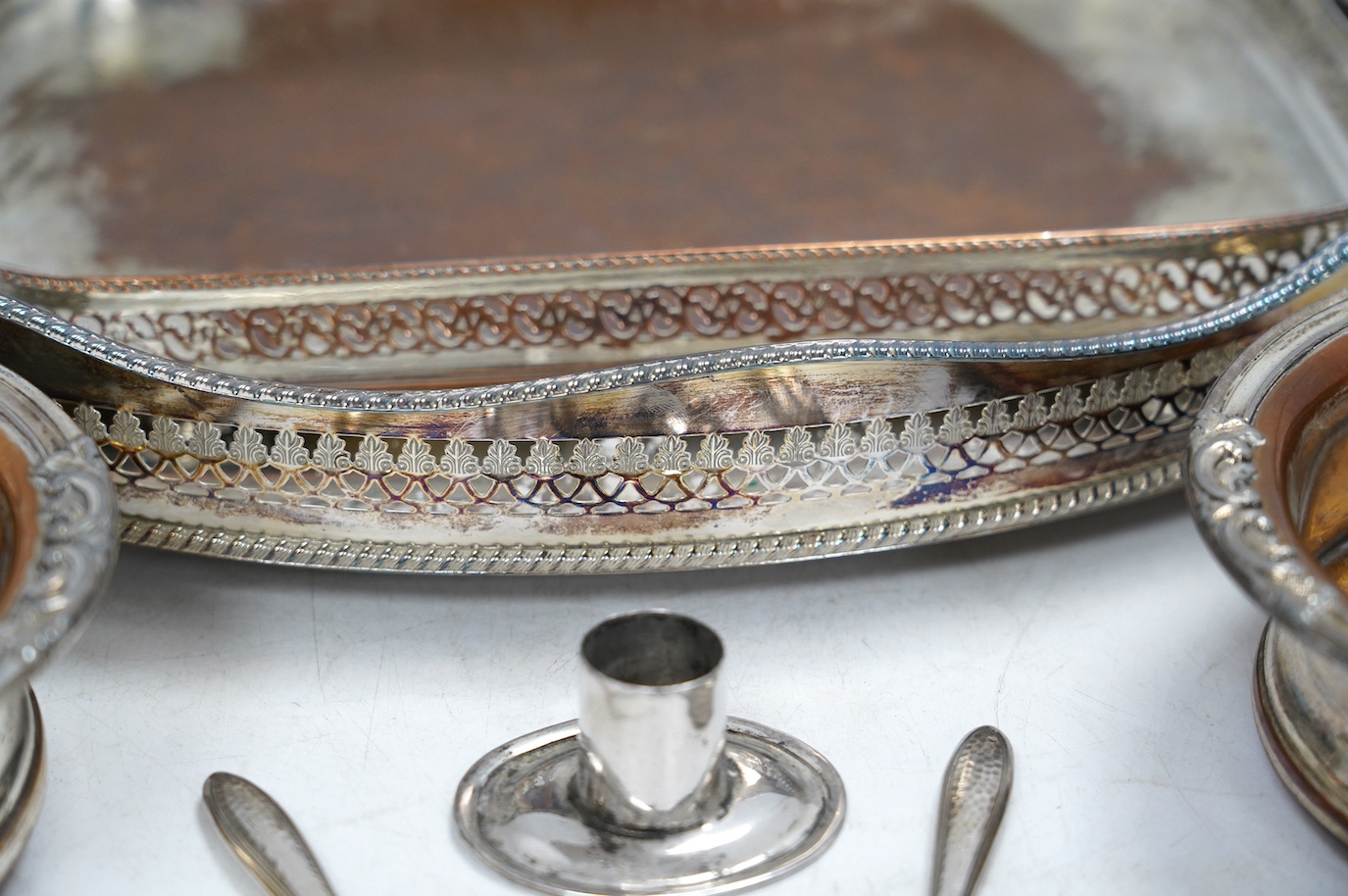 Assorted plate wares including a pair of wine coasters, two trays, etc., largest tray 41cm diameter. Condition - fair to good